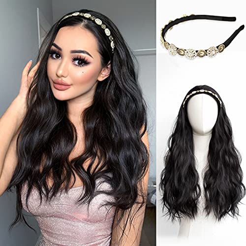 Water Wave Headband Wig StrRid Long Black Half Wig Synthetic u Part Natural Looking Wigs with Headbands Attached Head Band Wigs for White Women Fake Hair Costume Wigs for Daily Party Use,22"