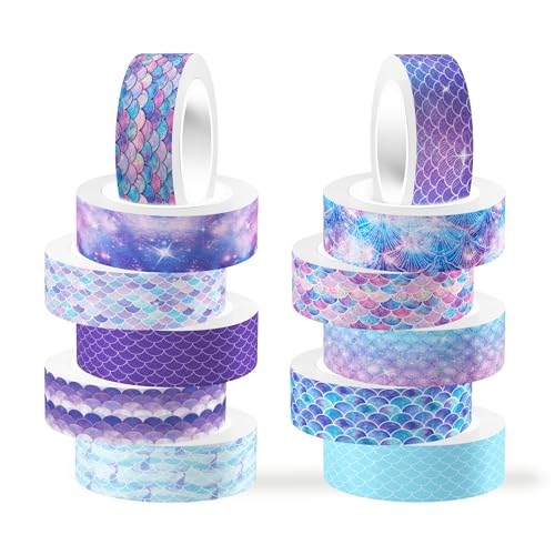 人魚和紙テープセット 12巻、海洋動物和紙テープ、DIY装飾テープ。スクラップブッキングの装飾、アートジャーナリングのアクセサリー、クラフトプロジェクトなどに適しています