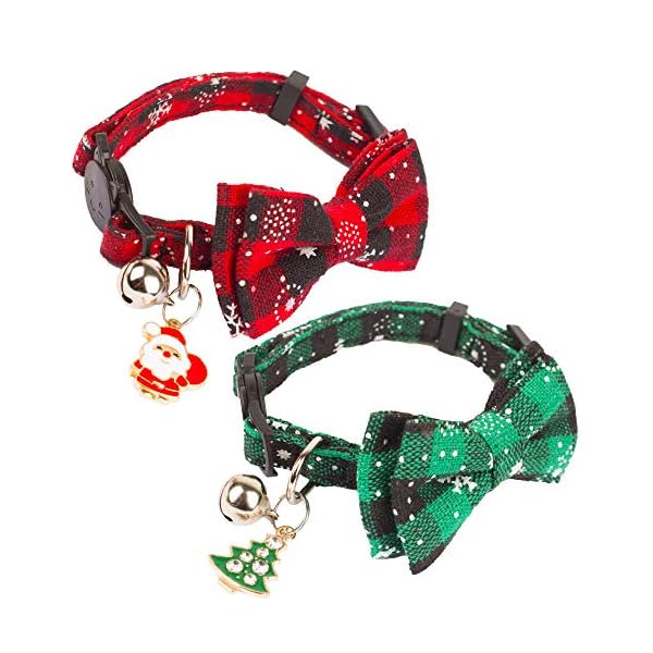Adoggygo christmas cat collar breakaway with cute bow tie bell - 2 pack kitten collar red green plaid xmas kitten collar with removable bowtie cat bow collar for cats kittens (7. 8"- 10. 5", red&green) - image 3