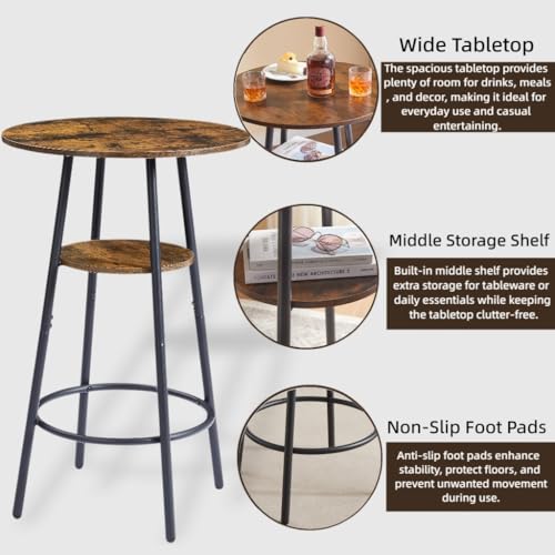 Image of Round Bar Table and Chairs Set for 2,3-Piece Pub Table Sets with 2 PU Upholstered Stools and Counter Height High Top Table,Space Saving,for Dining Room Small Space Apartment (Brown)