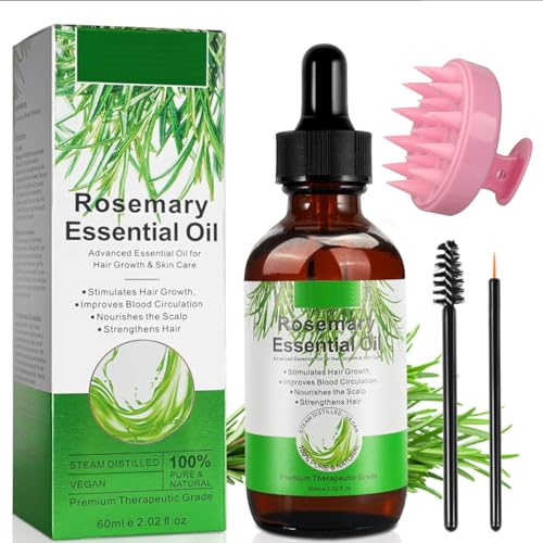 Aceite de romero para el cabello, 60 ml de aceite de romero para el cabello con cepillo de masaje para el cuero cabelludo, aceite esencial de romero puro natural, cuidado del cuero cabelludo, cabello