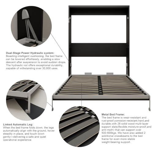 Image of KEIKI Queen Size Vertical Cabinet Murphy Bed with Solid Slats, Black | Multifunctional Foldable Hideaway Wall Metal Bed Frame, No Box Spring Needed, Easy Assembly, for Bedroom, Guest Room