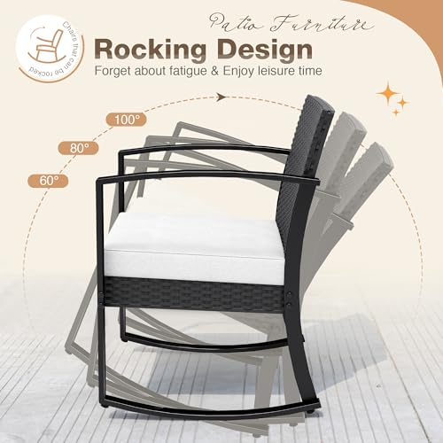 Image of Greesum 3 Pieces Outdoor Furniture Set Patio Bistro Rocking Chairs with Glass Coffee Table for Pool Beach Backyard Balcony Porch Deck Garden, White