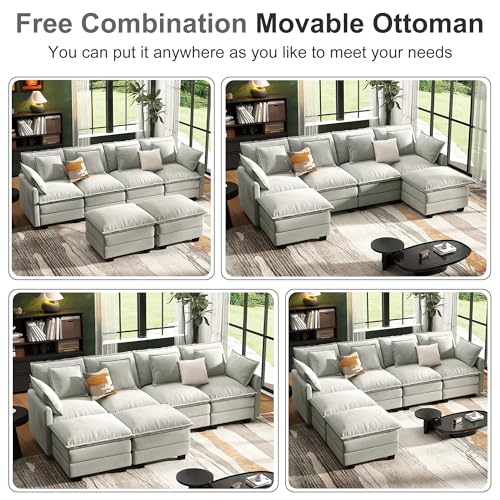 Image of 107 inch Cloud Couch Sectional Modular Sofa, Deep Seat Couches with Ottoman and Removable Washable Pillows for Living Room, Bedroom, Apartment, Light Grey