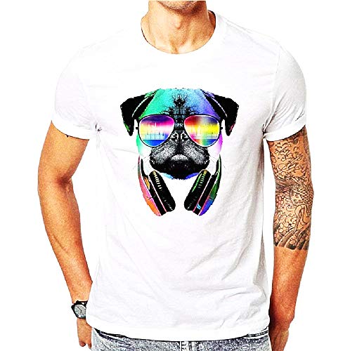 T-Shirt Homme Chien Casque DJ Musique Lunettes Drôle S Blanc Humour Sympa Musique Animal Gadget Décontracté Cadeau Moderne Look Jeune