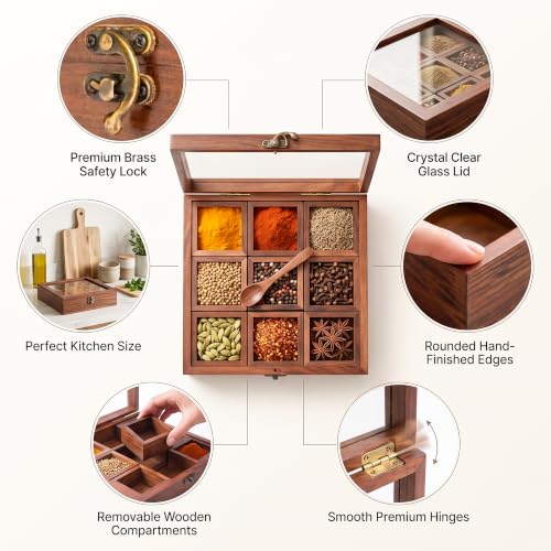 Image of Wooden Spice Box for Kitchen | Sheesham Wood Masala Dabba with 9 Containers | Spice Organizer with Glass Lid, Safety Lock & Wooden Spoon | Masala Dani /Namak Dani Storage Box for Home & Kitchen