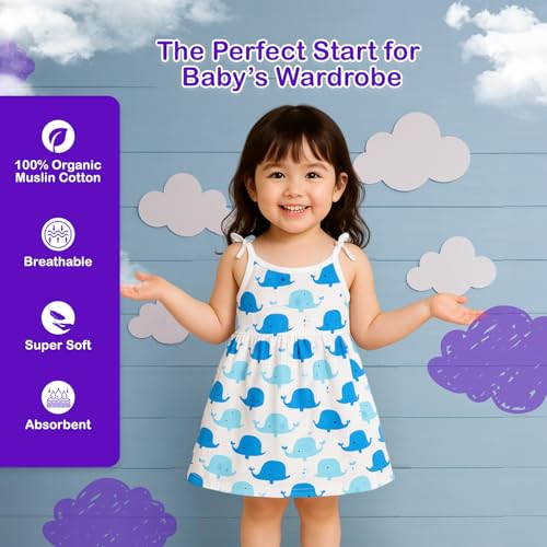 Image of Kidbea Muslin Frock for Baby Girls | Cotton Dress for Newborn Babies | Sleeveless, Tie-Up Shoulders Summer Wear Clothes