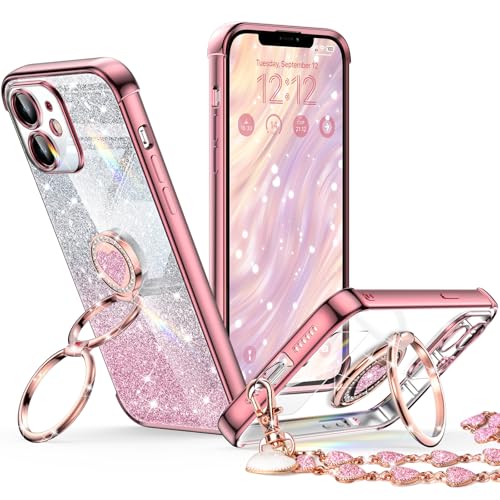 Image of XYZ for iPhone 12 Back Cover Case with Stand, Phone Case with Double Ring Kickstand, Women Girls Bling Luxury Glitter Clear Phone Case Cover Heart for iPhone 12, Rose Gold