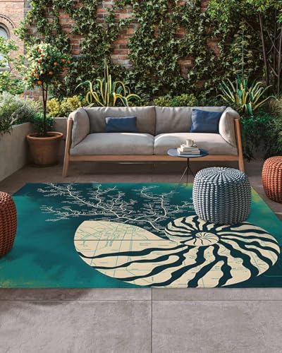 4x6ft Outdoor Rugs for Patio Abstract Ocean Conch Non Shedding Outside Carpet, City Route on Green Background Large Washable Area Rug Pads for Backyard Balcony Indoor Living Room