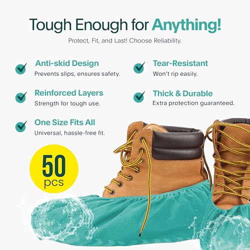 Image of Premium Boot & Shoe Covers Disposable Booties - 50 Pack - Durable, Non-Slip, Non-Toxic, Water Resistant, Recyclable Protectors for Indoor & Outdoor - Large Size Fits Most Shoes