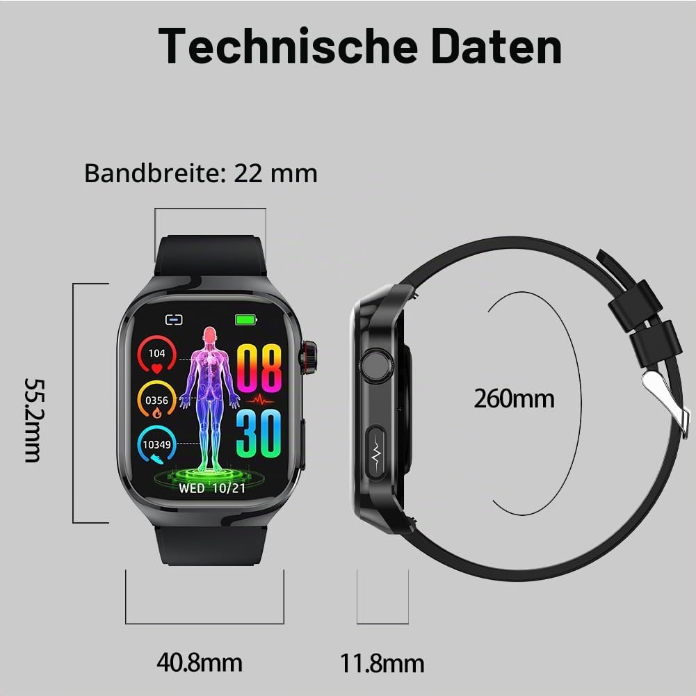 EKG Smartwatch mit Telefonfunktion Blutdruck SpO2 Herzfrequenz | Wasserdichte Fitnessuhr mit SOS, Sportuhr mit BMI Pulsmesser Schlafmonitor Schrittzähler für Android iOS