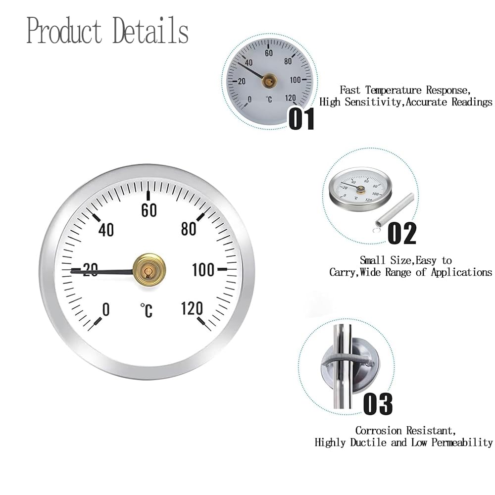 2 Pièces Thermomètre Industriel pour Tuyauterie,Température Bimétallique Étanche à la Poussière de 63 mm,Thermomètre 0-120° avec Ressort, Thermomètre à Ressort Surface de Tuyau