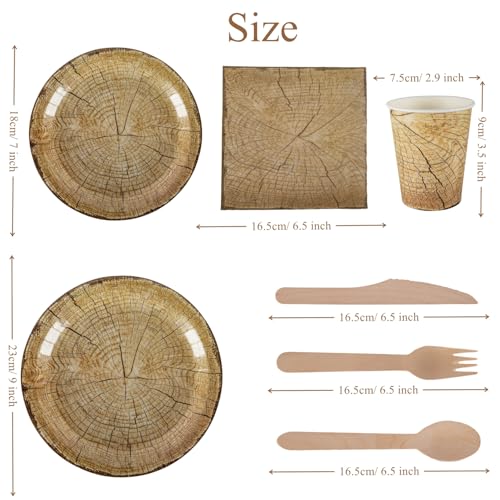 Set di stoviglie effetto legno per 30 ospiti, piatti di carta, bicchieri, tovaglioli e posate in legno, per matrimoni e picnic, compleanni, feste di Natale - immagine 3