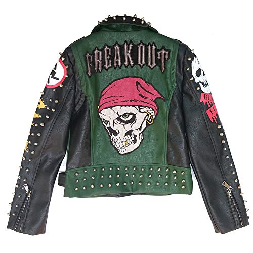 Hzikk Motorcycle Leather Jacket Skull Jacket Women's Short Cropped Motorcycle Jacket,Green,Xl #TOP3