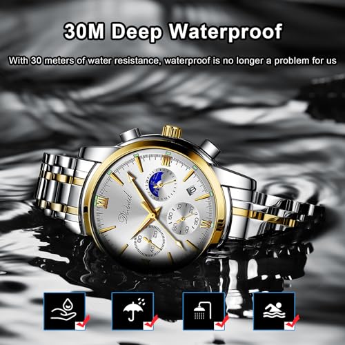 Image of Watches for Man Analog Wrist Watch Stainless Steel Chain Formal Premium Classic Business Branded Original Day Date Functioning Subdials Waterproof Luminous Gifts for Men Special Unique