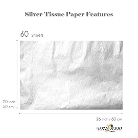 UNIQOOO 60 Sheets 26X20In Metallic Silver Foil Gift Tissue Paper Bulk, Recyclable Durable for Gift Bags Box Gift Wrapping DIY Craft, Wedding Birthday Party Favor Decor, Shredded Filler, Pinata