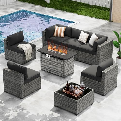 LazySunsets 8-Piece Patio Furniture Set with 44' Fire Pit Table, Wicker Outdoor Furniture, Patio Conversation Sets with Coffee Table, Outdoor Sectional Couch with Waterproof Cover, Black