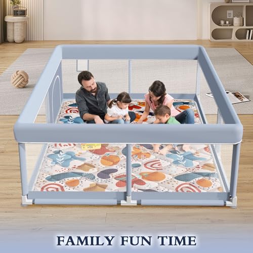Image of XVISHX 65 x 50 Inch Baby Playpen with Mat, Playpen for Babies and Toddlers, Baby Play Pen Playard for Indoor & Outdoor Active Center Game Fence, Skin-Friendly Fabric and Soft Breathable Mesh, Grey