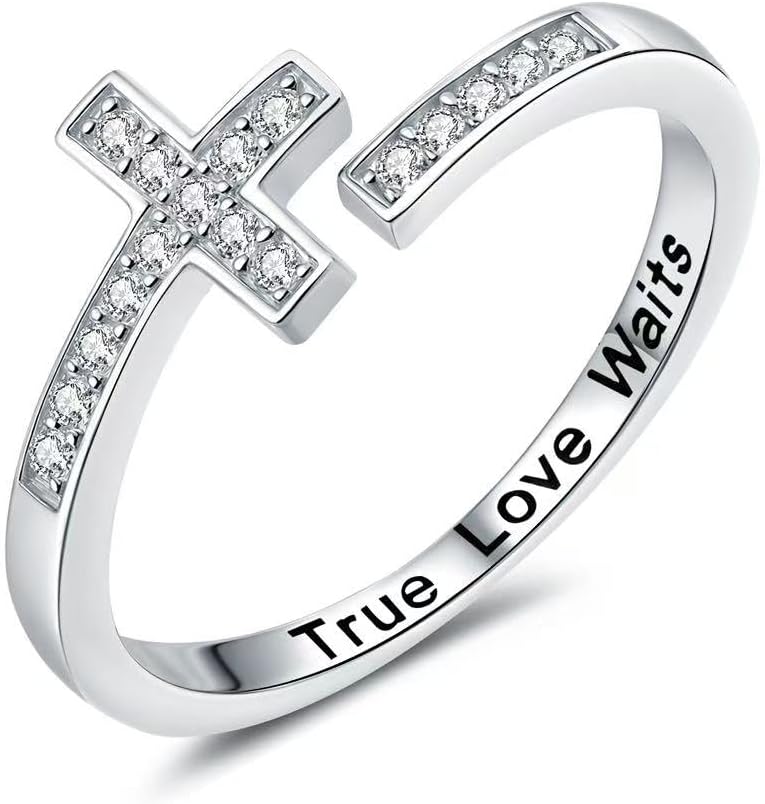 925 Sterling Silver Cross Ring – Adjustable Christian Ring for Women Engraved True Love Waits, Minimalist Religious Faith Jewelry, Size 7-9