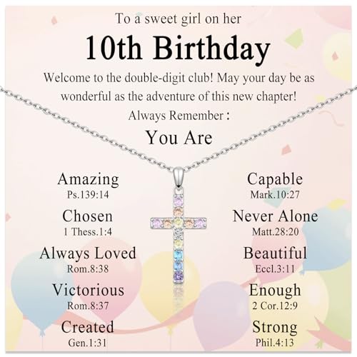 3-11 Year Old Girls Birthday Gifts, Colorful Cross Necklace Jewelry Happy Birthday Present for Girls Daughter Granddaughter Sister Niece with Birthday Card