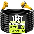 15ft RV Extension Cord 30 AMP (TT-30P/L5-30R) with Twist-Lock Connector and Easy Grip Handle - 10/3 AWG 125 Volt - Heavy Duty - ETL Listed, STW, by LifeSupplyUSA