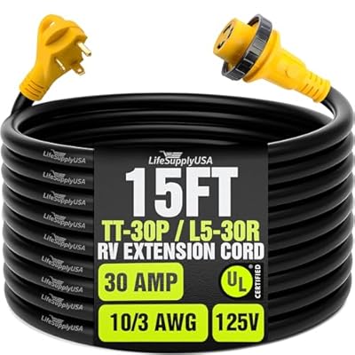 15ft RV Extension Cord 30 AMP (TT-30P/L5-30R) with Twist-Lock Connector and Easy Grip Handle - 10/3 AWG 125 Volt - Heavy Duty - ETL Listed, STW, by LifeSupplyUSA