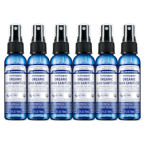 Dr. Bronners Organic Hand Sanitizer Spray Variety Pack Travel Size Bulk Simple & Effective Formula Scented No Harsh Chemicals - Peppermint 2oz (6-Pack)
