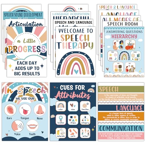 Jacyan 16Pcs Speech Therapy Posters for Classroom Decorations Boho Language Pathologist Bulletin Board Decorations Speech Therapy Wall Decor for Classroom School Office Art Print 11 x 14 Inches