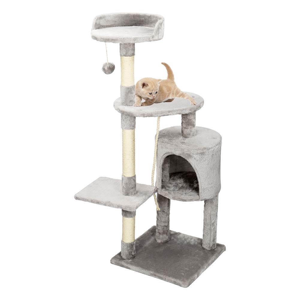 Tiragraffi per Gatti Albero per Gatti Grigio, Stalla Albero Tiragraffi Gatto 112cm, Albero di gatto con Tronchi in sisal, Tana, con Grotta, Palline, sisal e Corda per Giocare