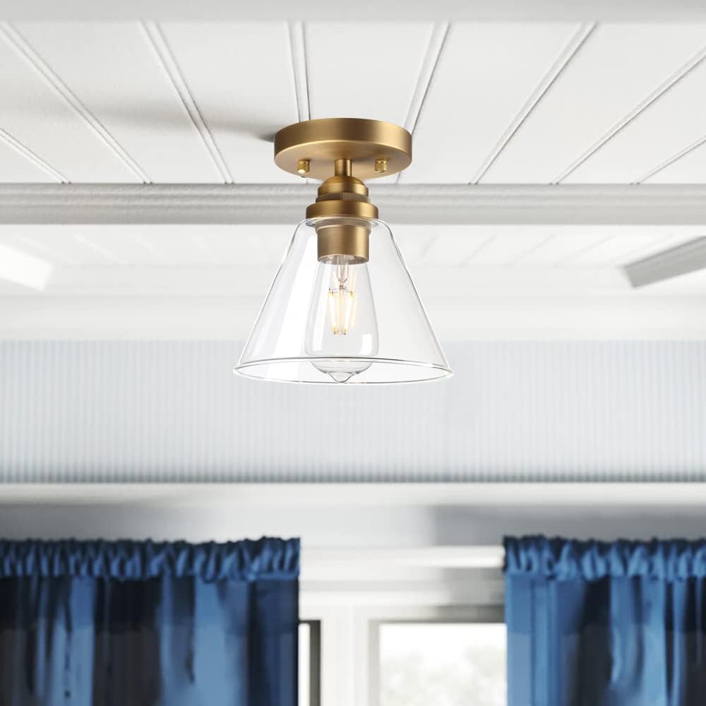 Yosoan Rustic Semi Flush Mount Ceiling Light, 1-Light Vintage Industrial Indoor Vanity Hardwired 7.28'' Funnel Flared Glass Shade Kitchen Diningroom Corridor Hallway Entryway Passway Gallway (Antique)