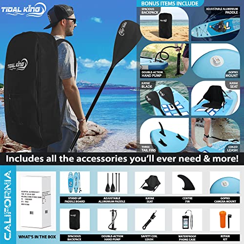 Tidal King California 10' 6” X 33” Wide & Extra Stable Stand Up Paddle Board Isup - With Adjustable Paddle, Pump, Leash & Backpack - Standard Sup Or Kayak Option #TOP2