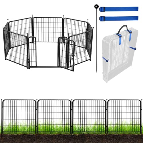 ADAVIN Garden Fence with Gate 48 in(H)×18 Ft(L) 8 Panels, Black Heavy Duty Iron Metal Animal Barrier Fence, Indoor&Outdoor Dog Playpen, Camping Fence, No Dig Garden Border Fencing for Yard