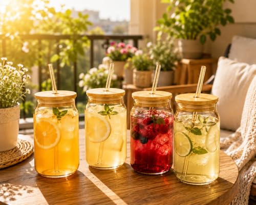 Image of Glass Tumblers with Wooden Lid and Glass Straw, 540ml, Borosilicate Glass, for Coffee, Iced Coffee, Juice and Smoothies, Coffee Mug, Sipper (Golden - Can Shape)