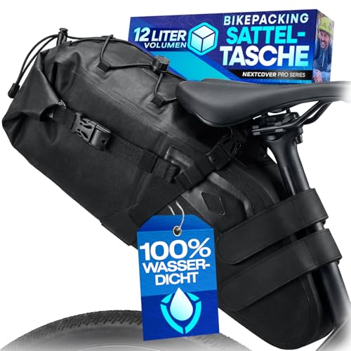 Nextcover® Bikepacking Satteltasche [12 Liter] I Fahrradtasche Sattel I 100% Wasserdicht Dank AquaShield-TPU I Satteltasche für Fahrrad, Bikepacking Taschen für Gravelbike, Rennrad, MTB