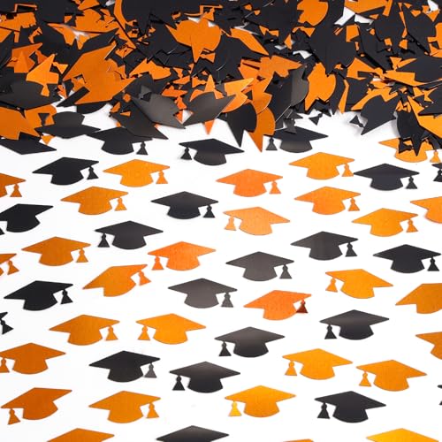 Image of Orange and Black Graduation Cap Confetti 2026, Class of 2026 Table Centerpiece Grad Confetti for 2026 Graduation Party Decorations Supplies