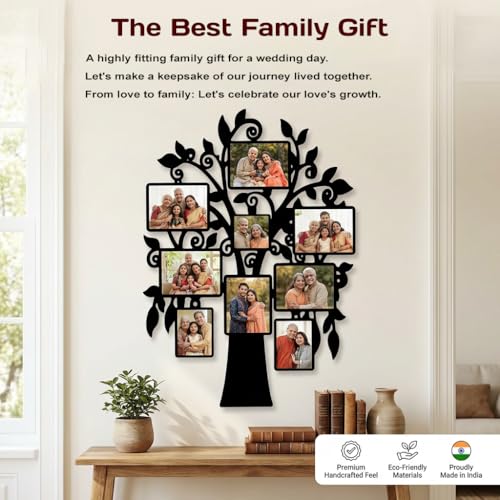 Image of MUSHA Personalized Family Tree Photo Frame | 9 Photo Customized Wall Collage | 12x18 Inch 6mm MDF | Send Photos We Print | Anniversary Housewarming Gift