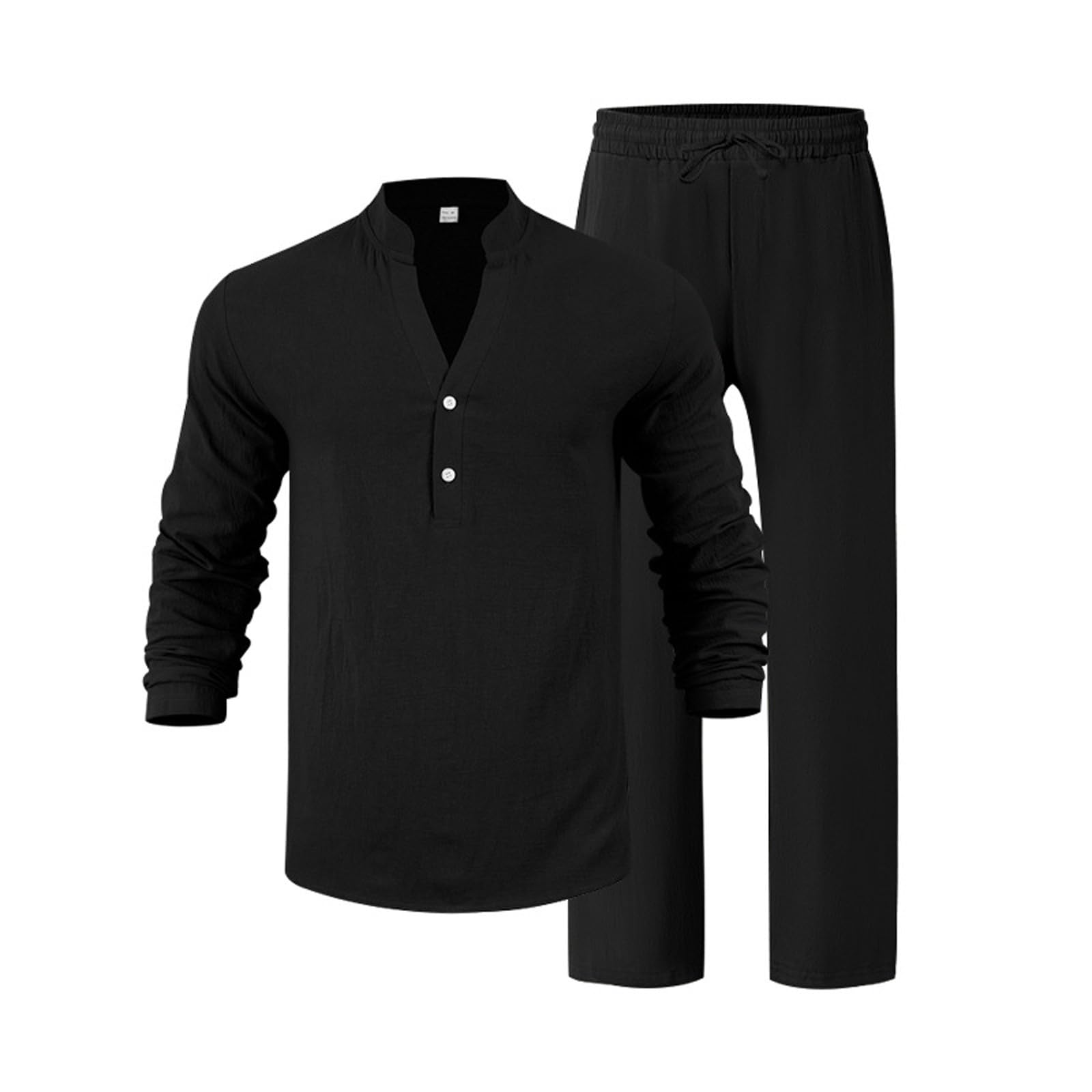 Camisa de lino para hombre, cuello en V, manga larga, pantalones casuales de otoño