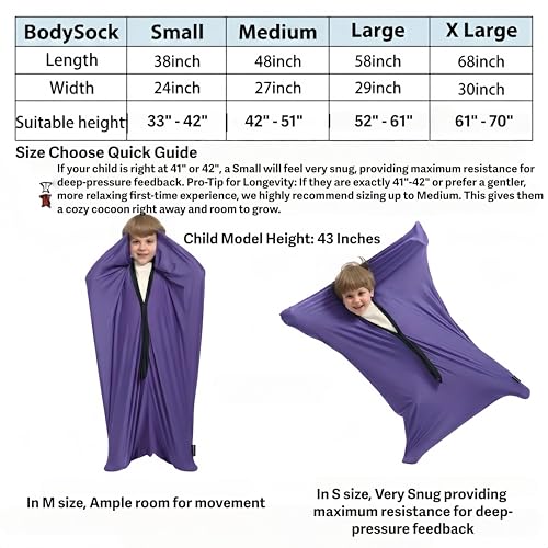 Image of Body Sock Sensory Kids, Medium Compression Sack 27 * 48 inch, Soft Fabric with Strong Stitching and Snap Closures (Ultra Violet)
