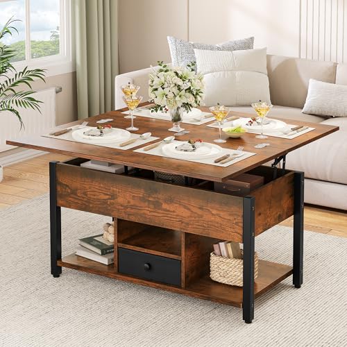 YITAHOME Mesa de Centro con Altura Ajustable, Mesa Auxiliar Multifuncional 4 en 1 con Espacio de Almacenamiento Mesa de Centro Convertible en Mesa de Comedor para Sala de Estar, Marrón Vintage