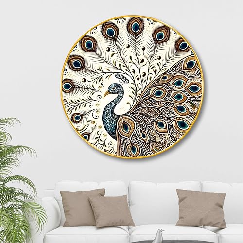 Image of SAF Elegant Mandala Peacock Round Wall Art | 3D Embossed MDF Panel with Golden Rim | Artistic Home & Office Wall Decor | Intricate Peacock Design for Living Room, Bedroom (16 x 16 Inch) GRM-306