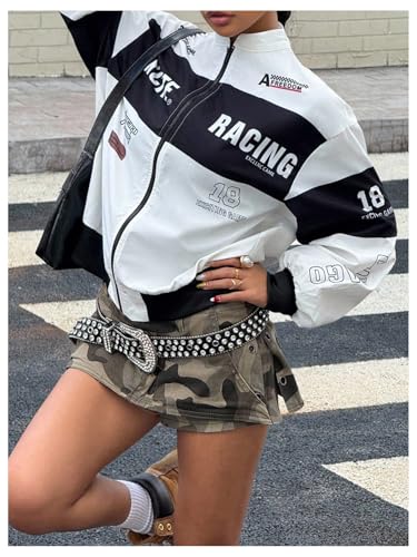 SweatyRocks Girl's Bomber Jackets Long Sleeve Zip Up Racing Jacket Y2k Color Block Outerwear Streetwear4