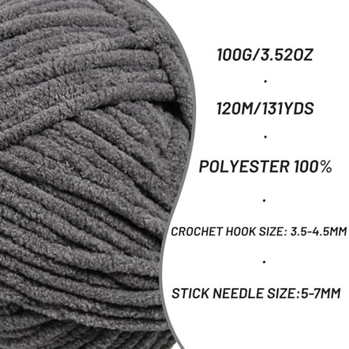 Image of Plush Chenille Chunky Crochet Yarn - Baby Yarn for Crocheting Soft - Velvet Yarns Knitting for Blankets Crafts - Fluffy Amigurumi Yarns 100g / 131yd (Dark Gray)