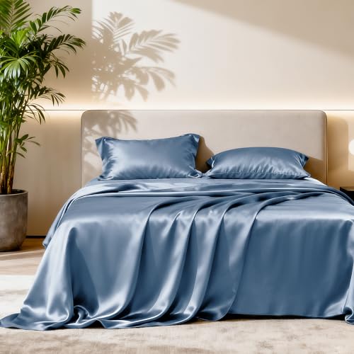 Image of Love's cabin Full Size Satin Sheet Sets - 4 Piece Ash Blue Silky Sheet Set Full with Deep Pocket, Luxury Silk Feel Bed Sheets Full Bedding Set (1 Flat Sheet,1 Fitted Sheet,2 Pillow Cases)