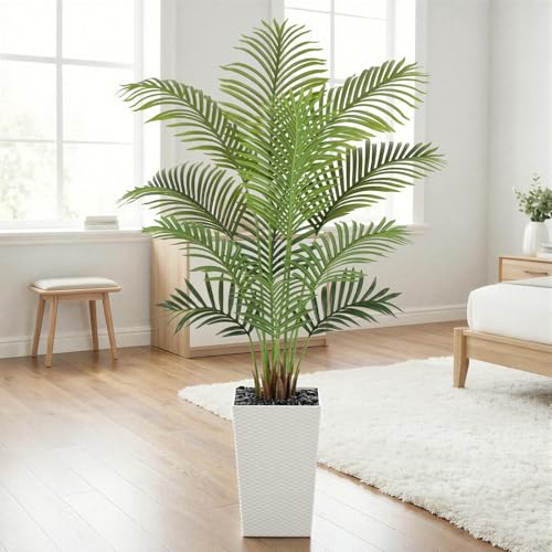 Image of 5ft Artificial Palm Tree with White Planter - Tall Fake Palm Tree Indoor Fake Tropical Plant for Home Office Living Room Bedroom Modern Decor