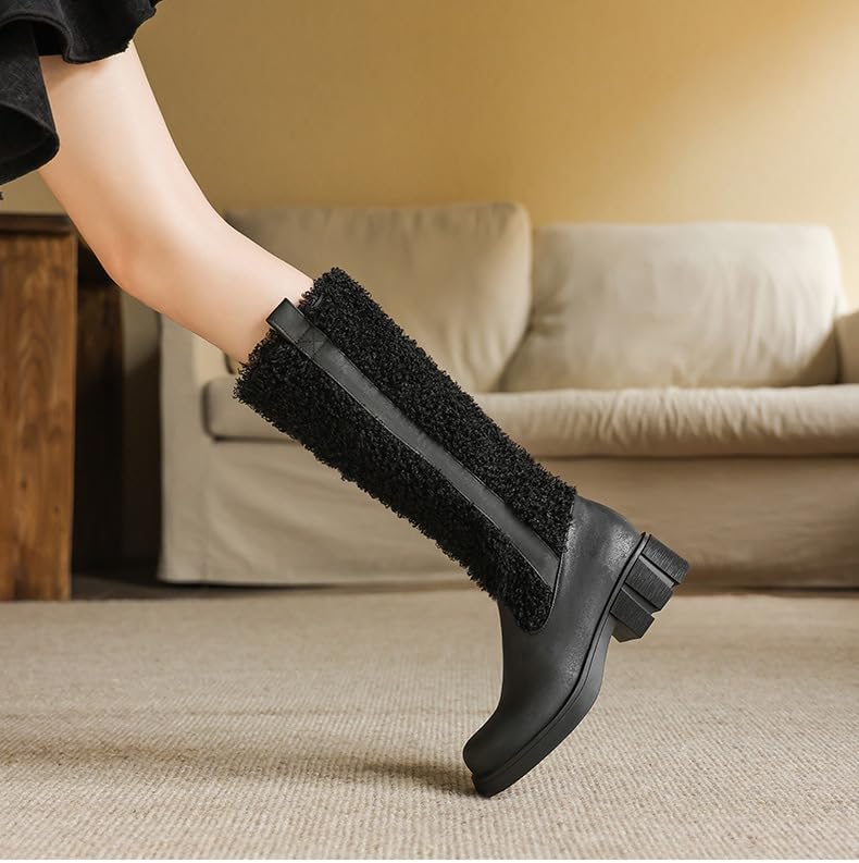 SACFOF Women's Mid Calf Boots Winter Platform Chunky Anti-Slip Western Cowboy Boots Round Toe Cowgirl Snow Boots