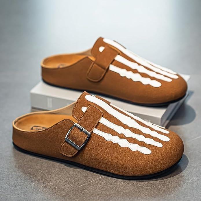 Gothic Faux Suede Slip On Mules for Men Casual Indoor Outdoor Streetwear Clogs with Funny Skeleton Bone Graphic and Adjustable Buckle Strap (Brown, Adult, Men, 10, Numeric, US Footwear Size System, Medium)