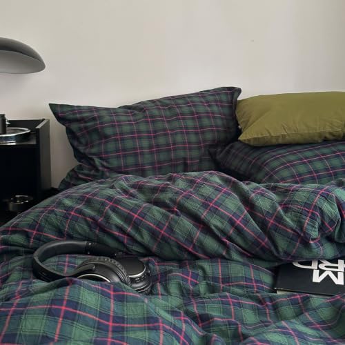 Image of MKXI Full Size Vintage Forest Green Plaid Duvet Cover Set, 3 Piece Retro Tartan Bedding Collection with Navy Check, Breathable Old-Money Aesthetic Bed Set with Zipper Closure & Corner Ties