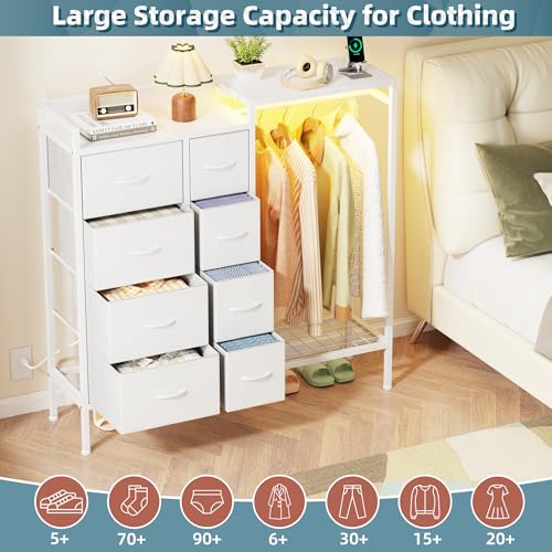 HIGDBFE 8-Drawer Dresser with Hanging Rack, Dresser with Charging Station & LED Lights, Fabric Dressers with Shoe Rack for Clothes Storage, Chest of Drawers with Wooden Top for Bedroom, White by HIGDBFE - Image 4