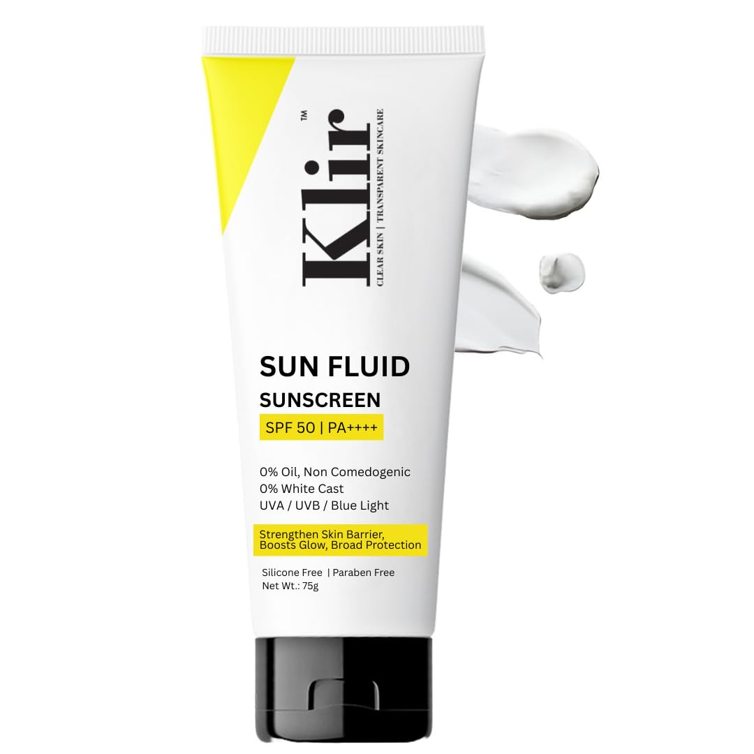 Klir Sunscreen - SPF 50 PA++++ Sun Fluid with Hyaluronic Acid | Non Sticky, No White Cast, Oil Free (75 g)