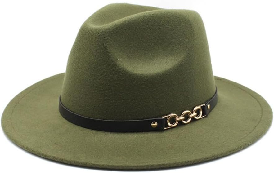Classic Wool Fedora Hat with Chain Detail Band, Wide Brim Western Style, Black